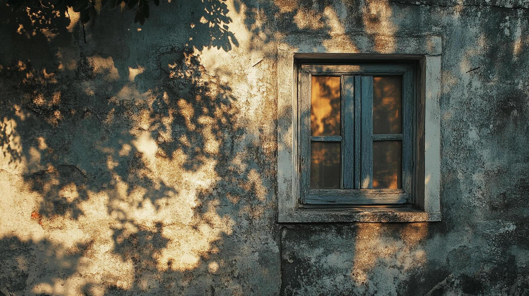 Rustic window on aged wall with dappled sunlight filtering through leaves, creating a nostalgic and serene atmosphere. photo