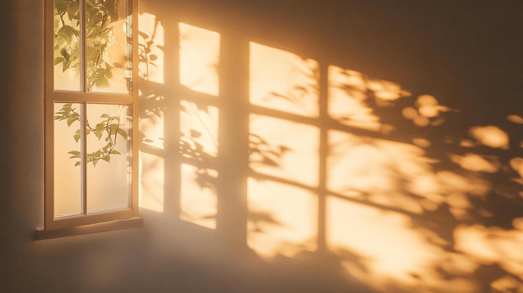 Sunlight streams through a window, casting shadows of foliage on the wall, creating a warm and inviting ambiance indoors. photo