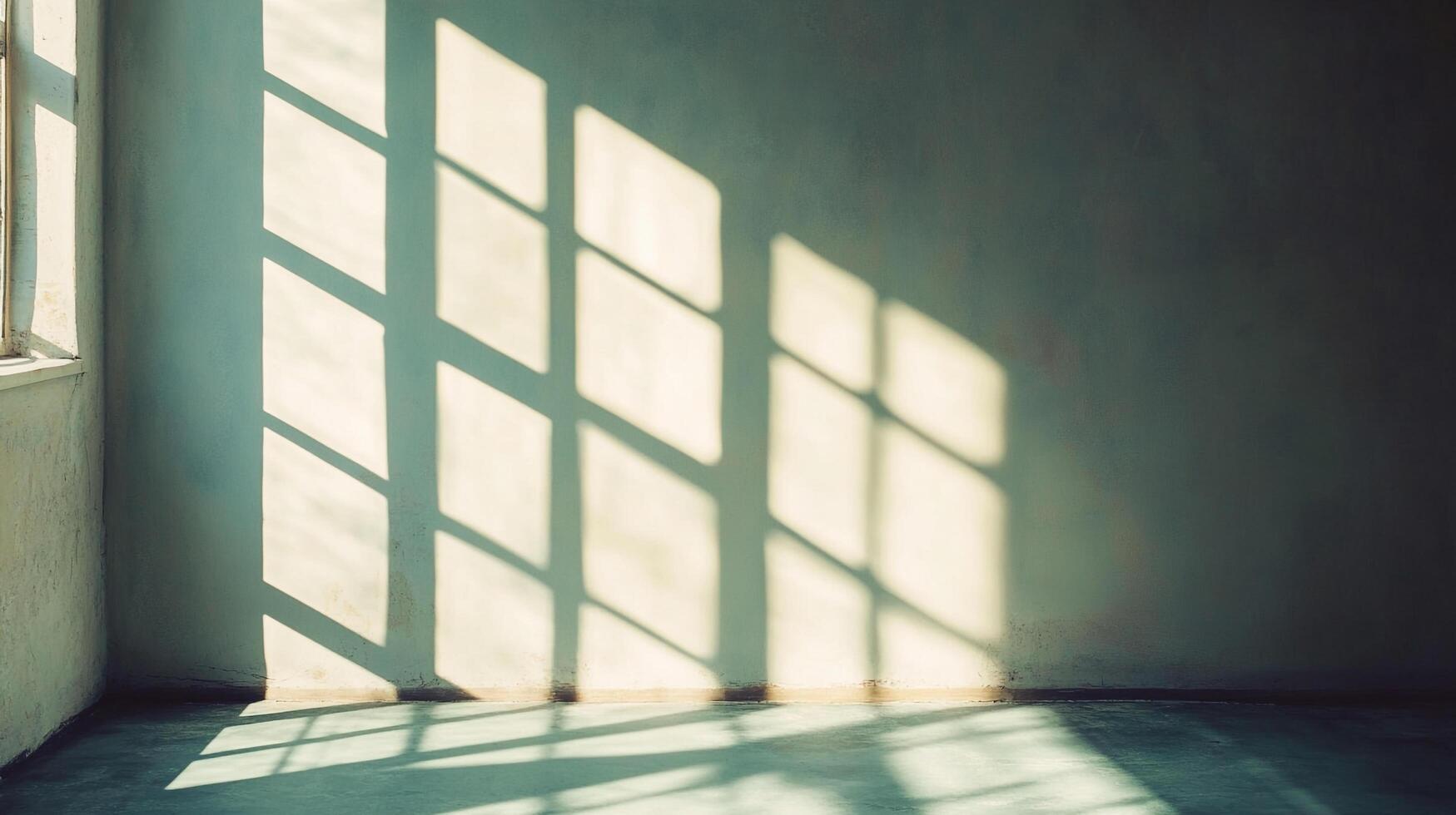 Sunlight streams through a gridded window, casting geometric patterns on the wall and floor of an empty room, creating a serene atmosphere. photo