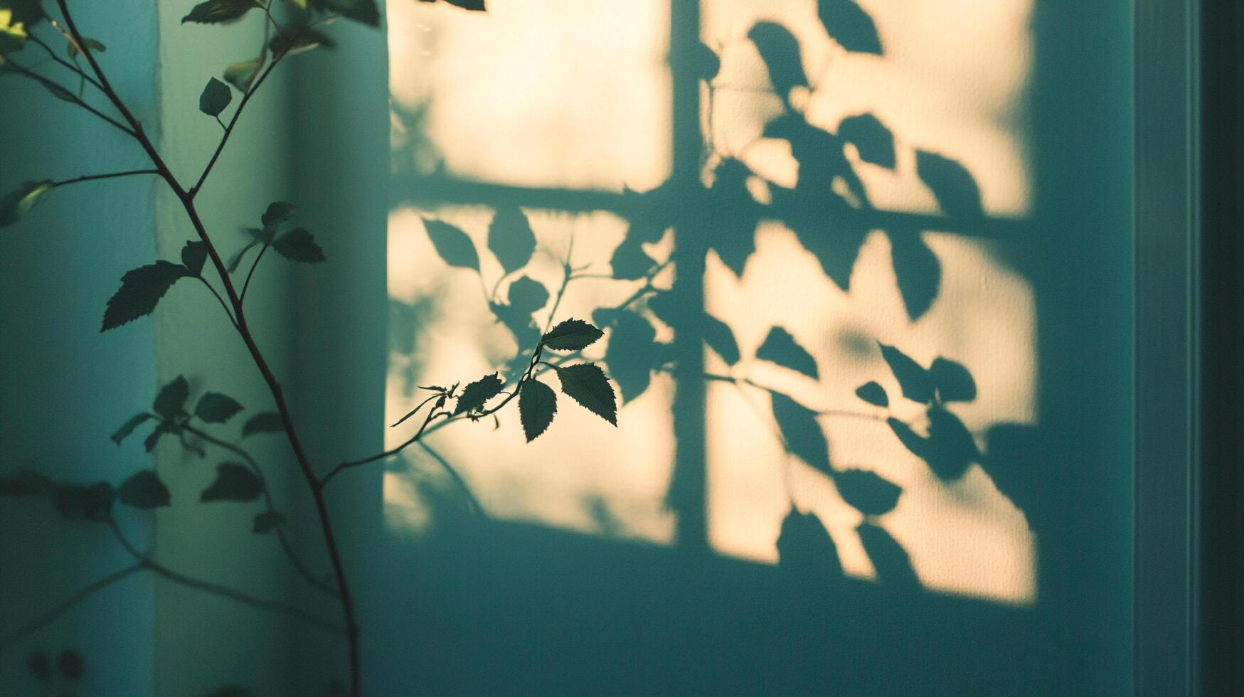 Sunlight filters through window, casting leaf shadows onto a wall, creating calming light patterns. The essence of indoor nature is revealed. photo