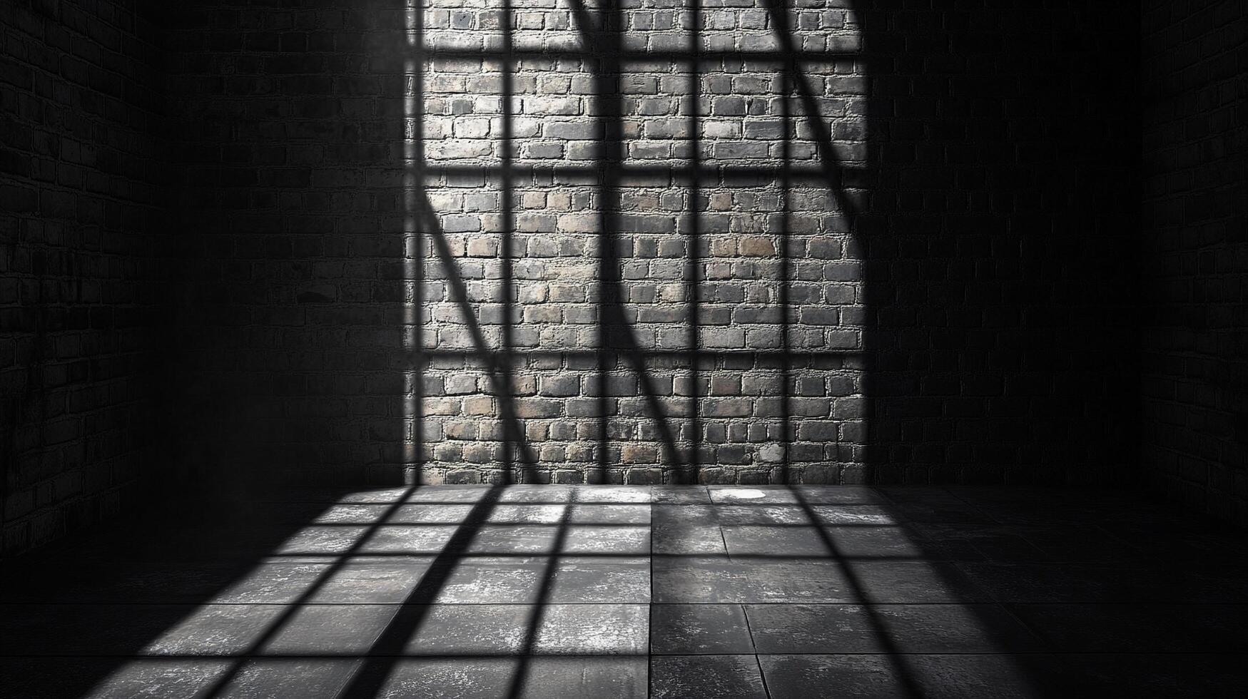 Sunlight streams through a barred window, casting stark shadows across the textured brick wall and tiled floor in an otherwise dark space. photo