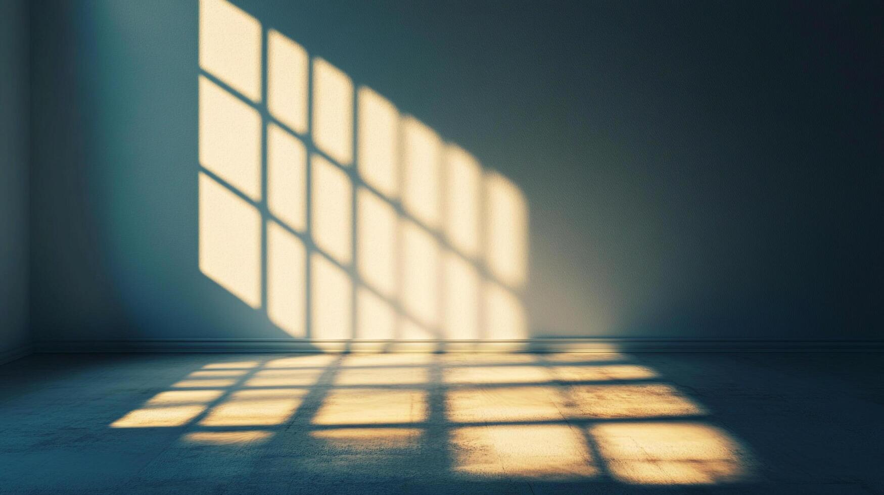Light patterns cast by window panes create an elegant display of geometric shapes on the wall and floor of a minimalist interior space. photo