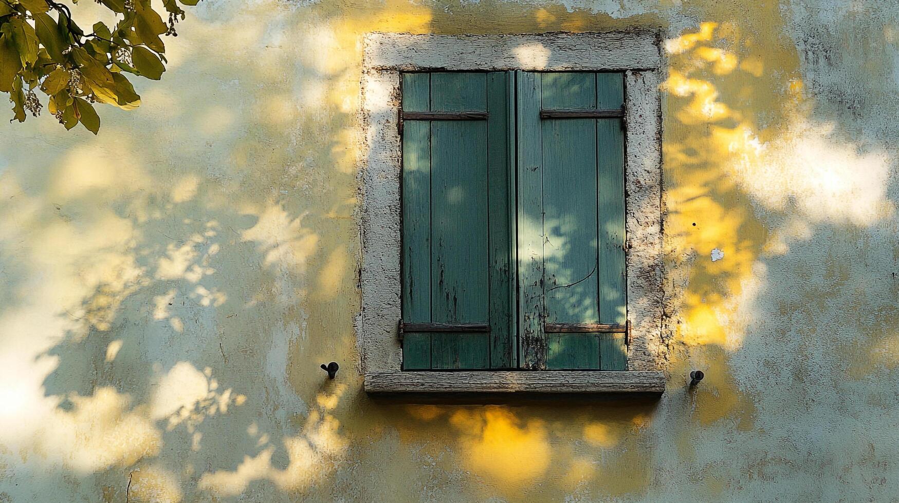 Weathered shutters on a yellow wall evoke a sense of rustic charm and timeless beauty. The shadows of leaves dance in the sunlight. photo