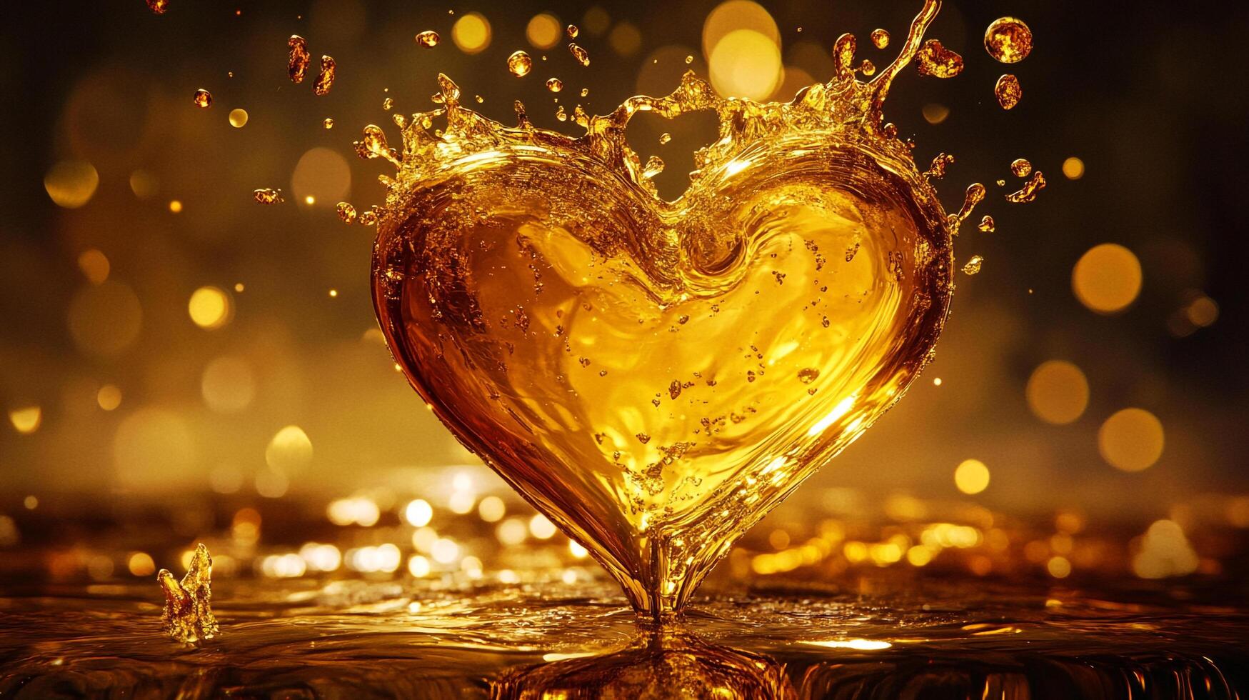 Golden heart made of liquid splashes. Fluid heart in motion. Love concept, artistic expression of emotions with abstract elements. photo