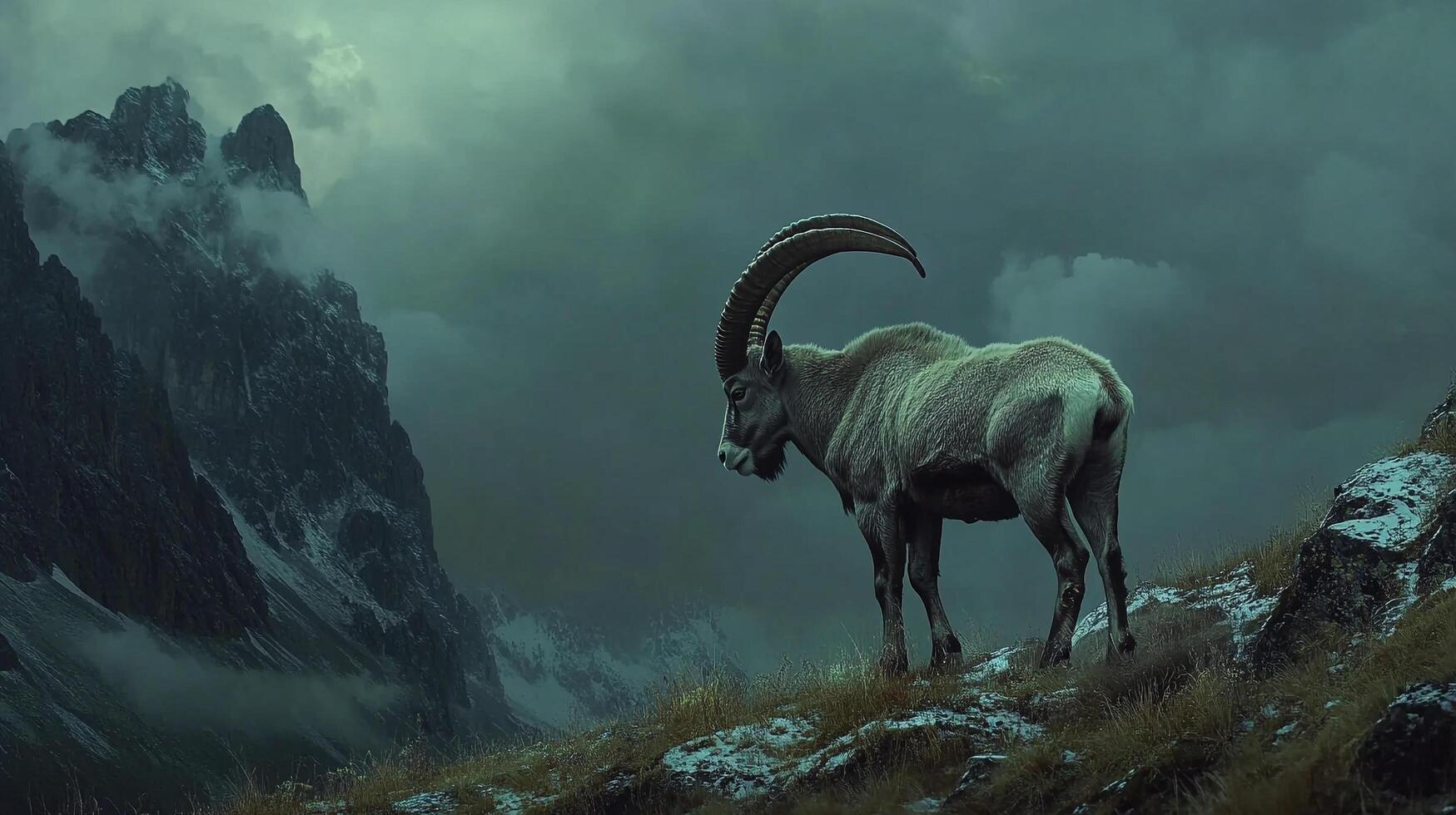 Majestic ibex with grand horns stands on a mountain peak against a dramatic, cloudy sky, a symbol of wild beauty and resilience. photo