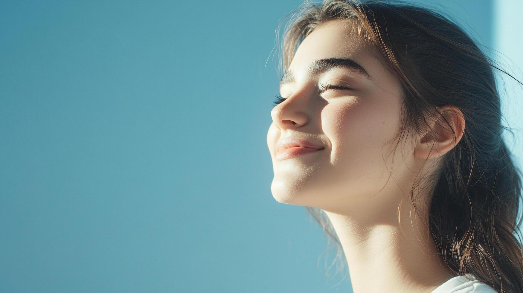 A young woman is enjoying the sun with her eyes closed in front of a blue backdrop, smiling softly with a peaceful and relaxed expression. photo