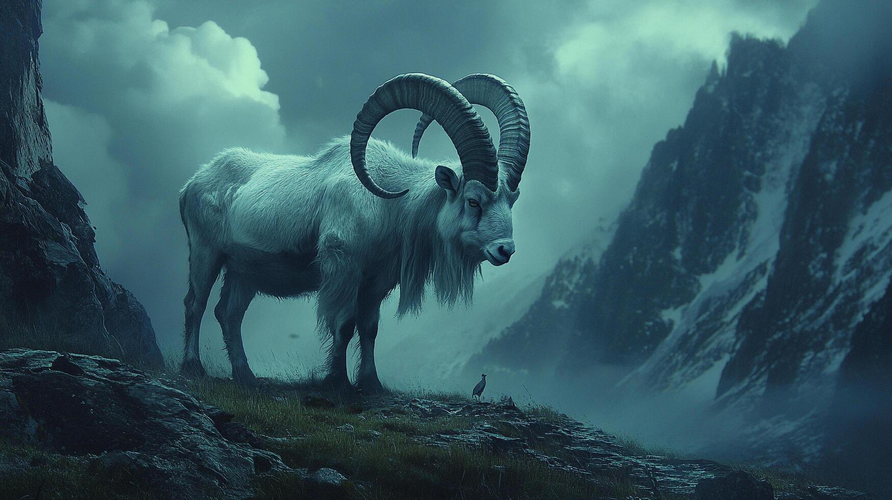 Majestic mountain goat stands in a misty, mountainous terrain with awe-inspiring horns against a cloudy backdrop, evoking a sense of wilderness. photo