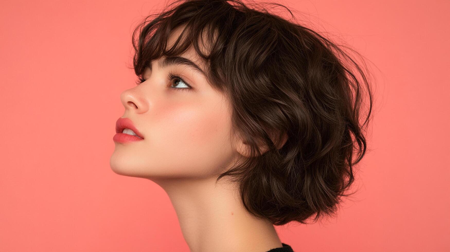 Profile of a woman with a trendy brown wavy bob haircut looking upwards. She has rosy cheeks and coral lipstick. photo