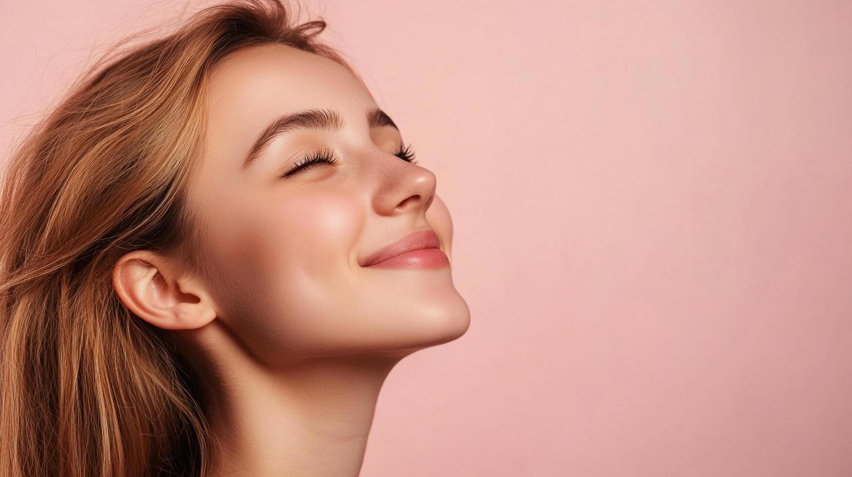 Radiant woman basking in tranquility against a soft pink backdrop. Serene beauty, capturing a moment of peaceful bliss and calm complexion. photo