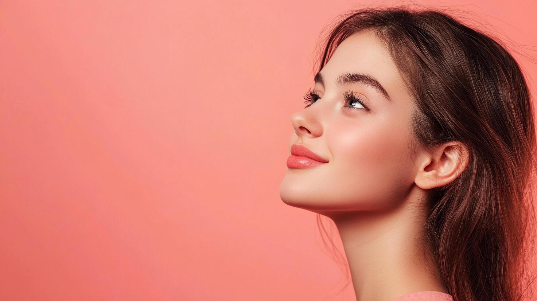 Contemplative gaze of a woman with elegant features, looking up against a pink background exuding peaceful allure and radiant skin tones. photo