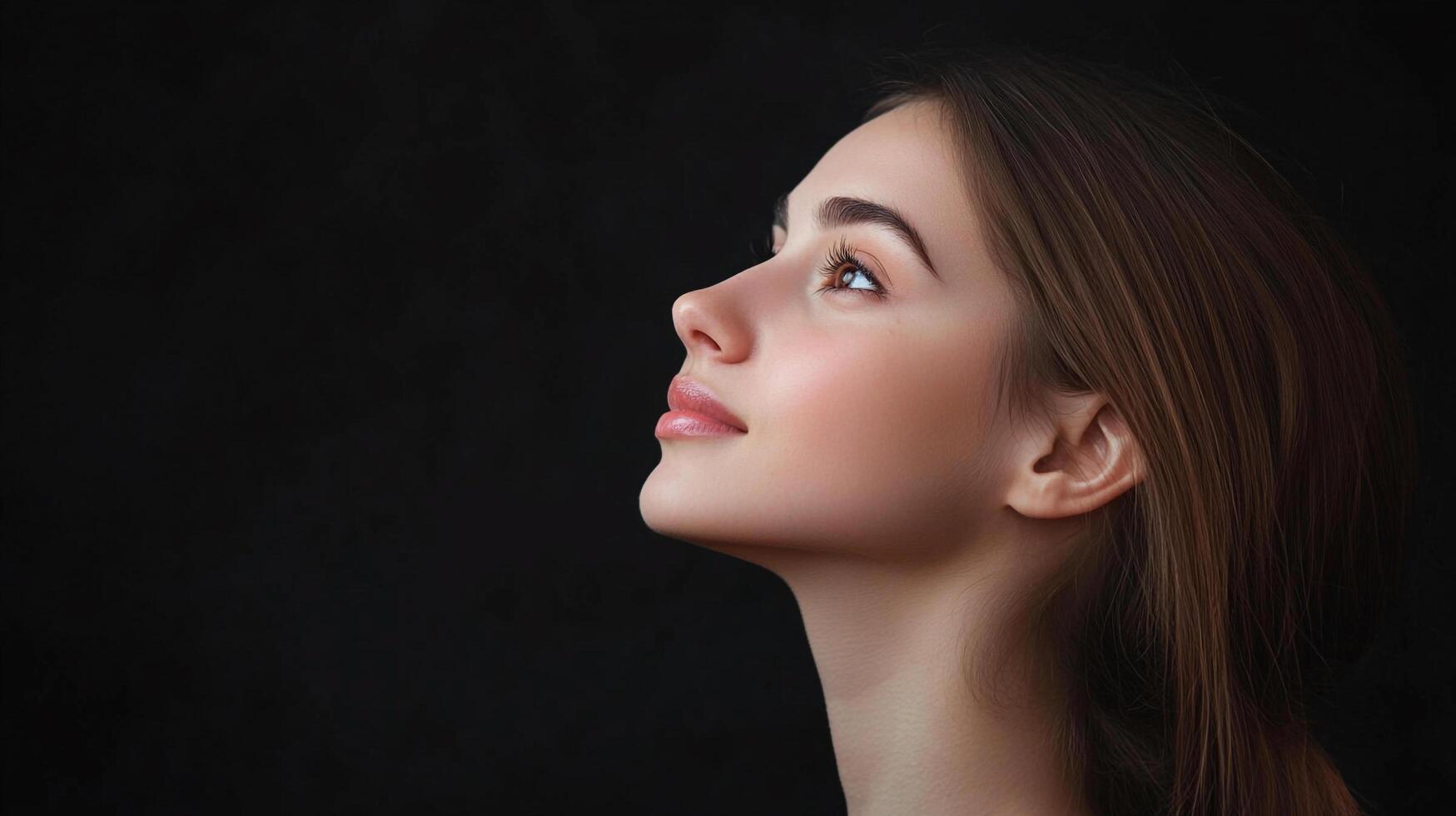 Profile of a young woman with fair skin, looking upwards against a dark backdrop, highlighting her features and serene expression. photo