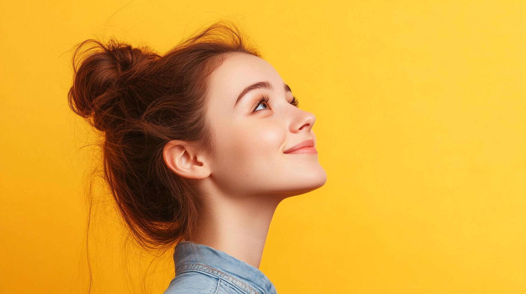 Dreamy young woman with updo, facing upward with a hopeful, positive expression against a vibrant yellow backdrop, looking into the future. photo
