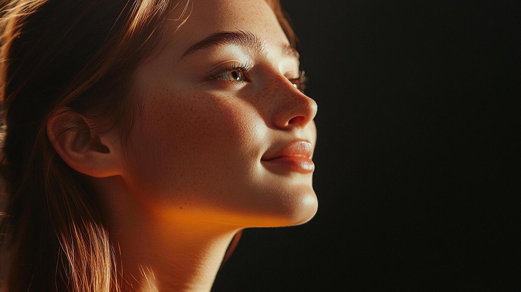 Portrait of a girl with freckles, illuminated by soft, golden light, captured in a profile view against a dark background. photo