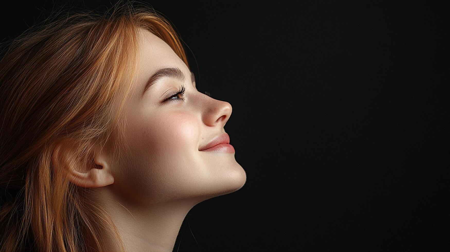 Profile of a woman with red hair against a black background, illuminated by a soft light, showcasing natural beauty and delicate features. photo