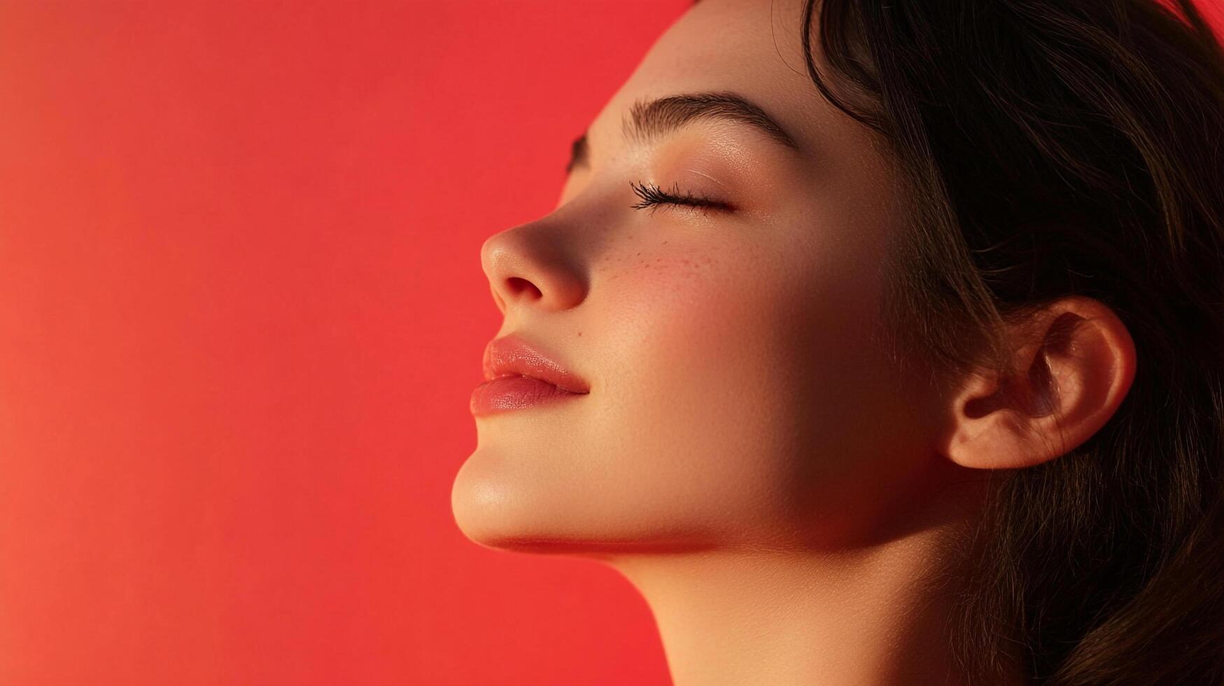 Woman's serene face bathed in sunlight against a solid red backdrop, displaying natural beauty and a peaceful state of mind. photo
