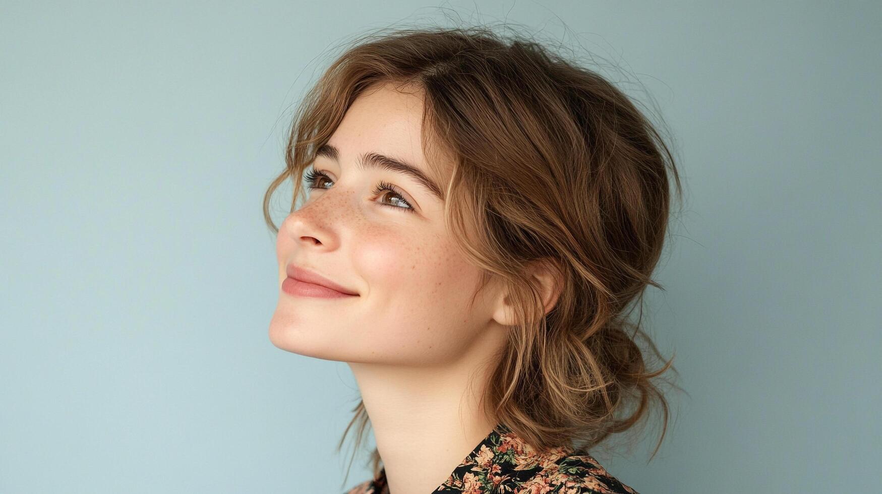 Smiling woman with freckles looking up against a light blue background. Brown hair, floral shirt, radiant and optimistic. photo