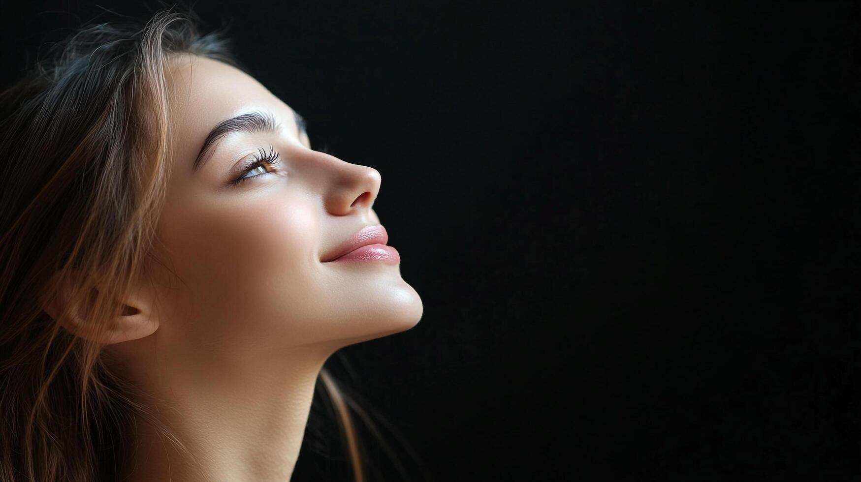 A young woman with fair skin looks up towards the light, her soft smile suggesting hope and optimism against a stark, dark background. photo