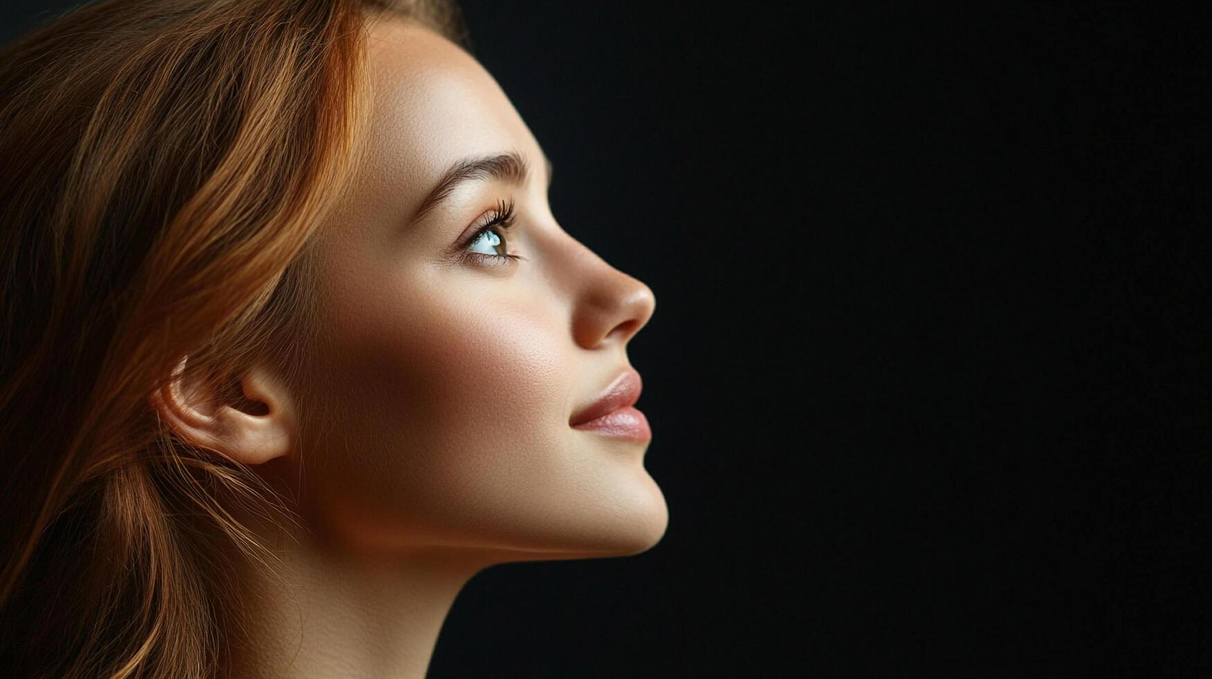Profile portrait of a woman with fair skin and auburn hair, looking up against a dark background, showcasing beauty and elegance. photo