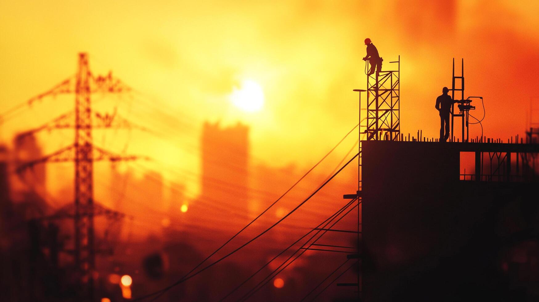 Construction workers silhouetted against a vivid sunset, symbolizing growth and ambition in urban landscape development. photo