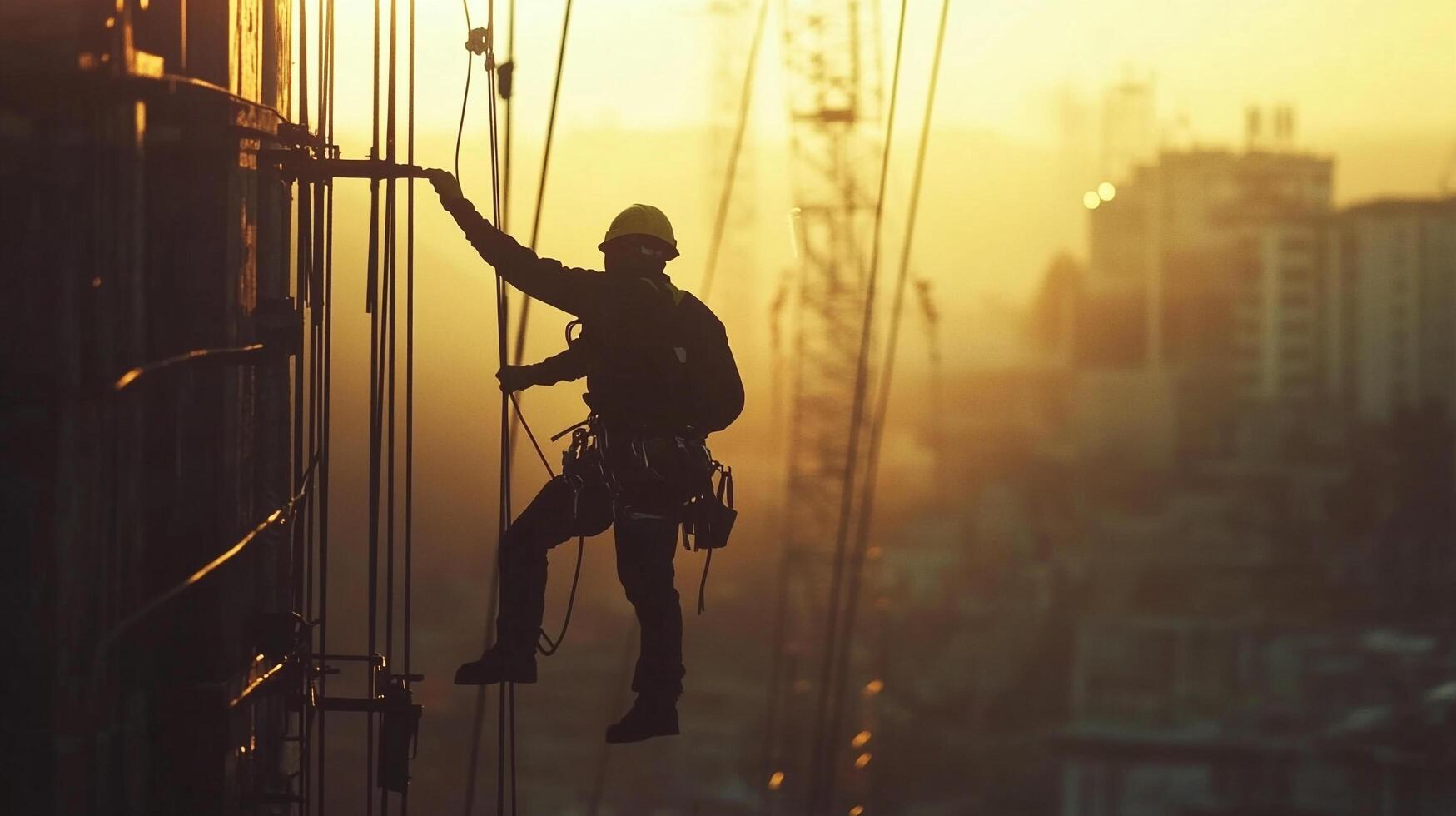 Silhouette of construction worker scaling a structure with city skyline at dawn. Building industry and occupational safety represented. photo