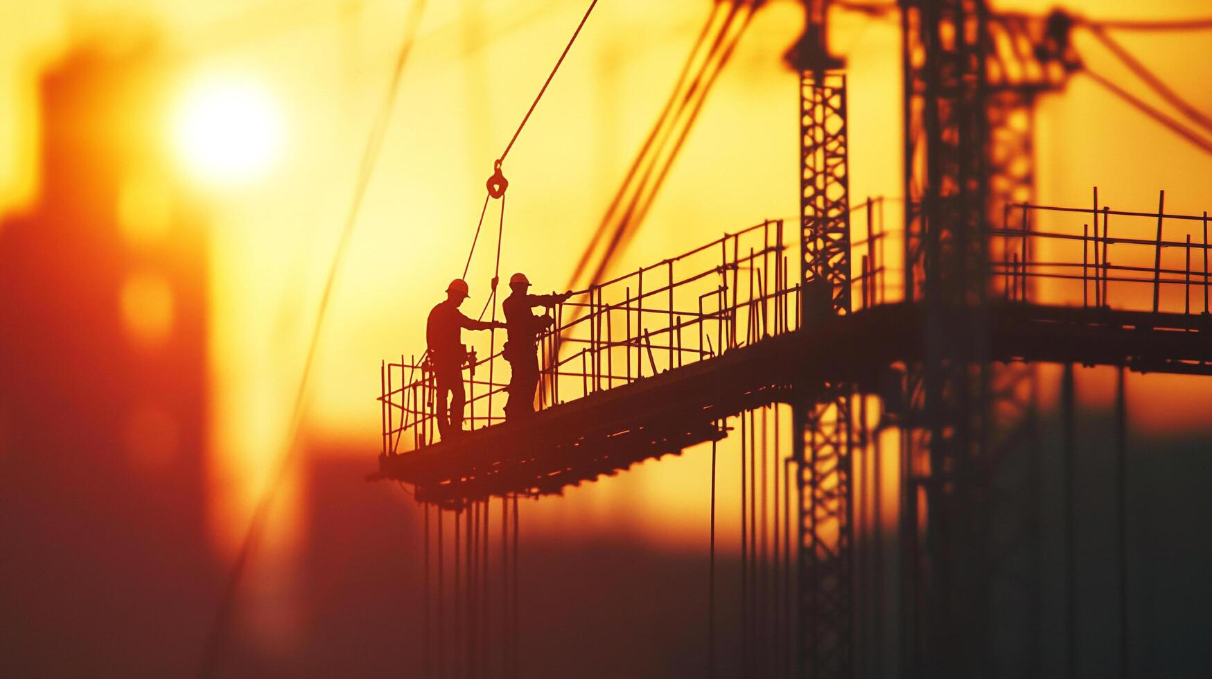Construction workers silhouetted against a bright sunset sky while on a bridge work site. They are securing rigging to a crane. photo