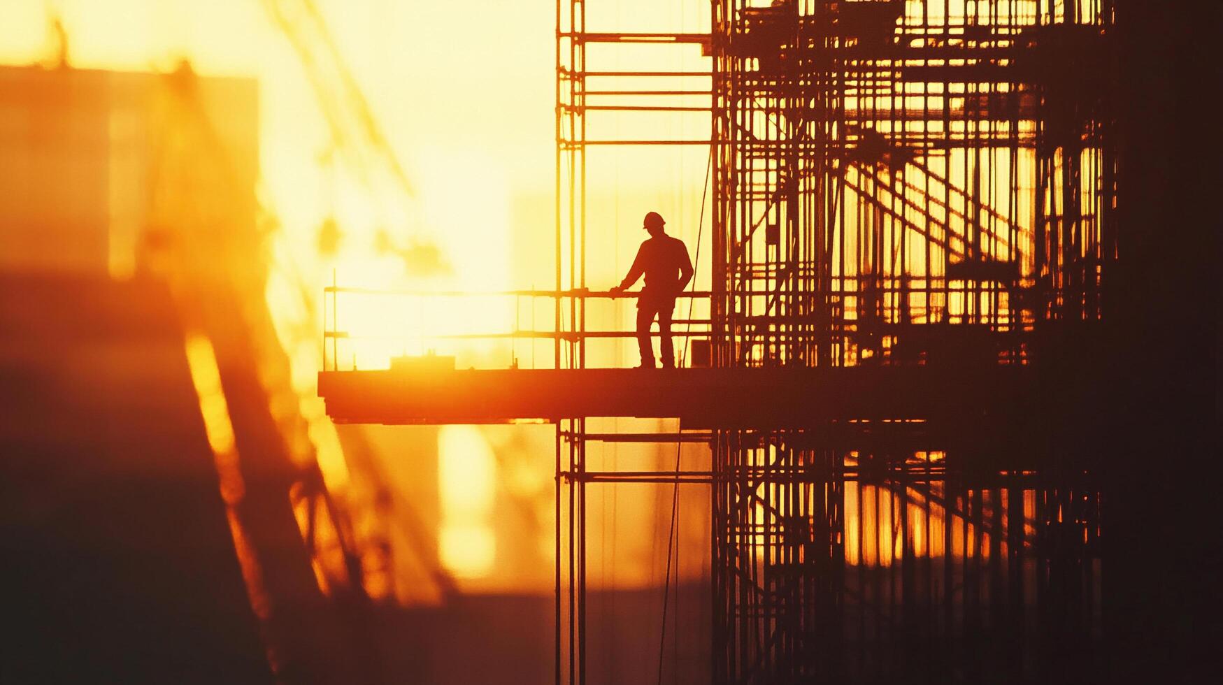 Silhouette of a construction worker standing on scaffolding, bathed in the warm glow of the sunset, symbolizing labor and urban growth. photo