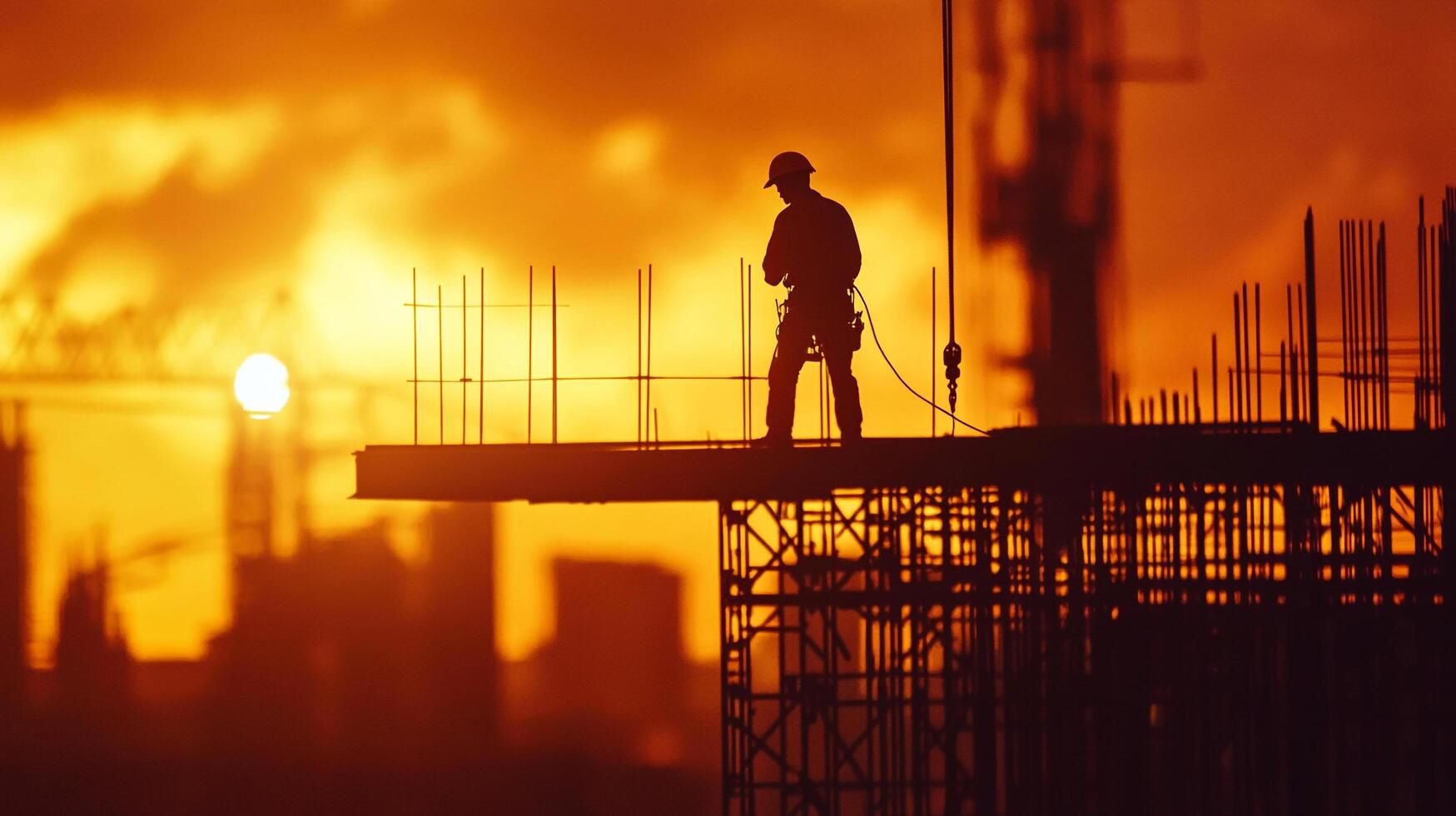 Construction worker silhouetted against a vibrant sunset, signifying progress and industry amidst urban development. photo