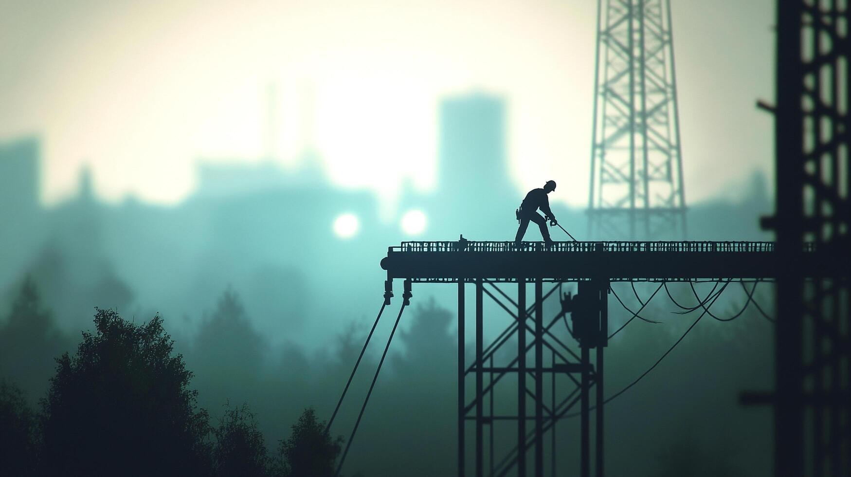 Silhouette of a construction worker standing on scaffolding, operating machinery with a foggy industrial background. photo