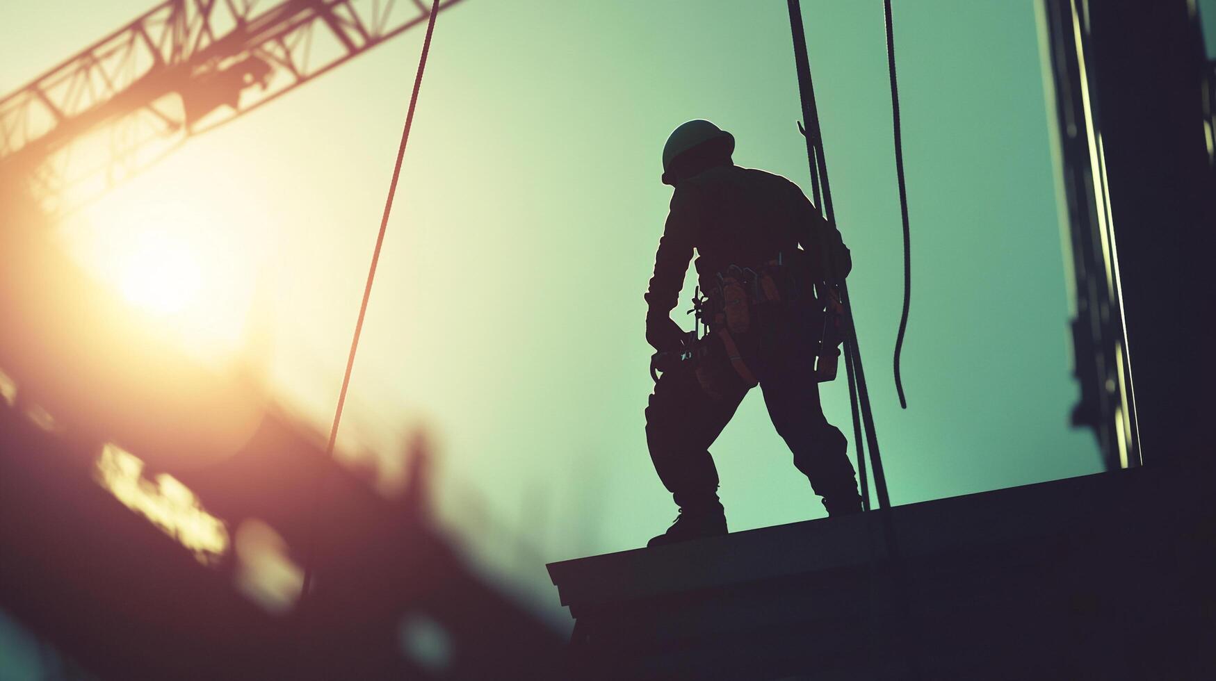 Silhouette of a construction worker on a high building with crane in the background, wearing a helmet and safety equipment. photo