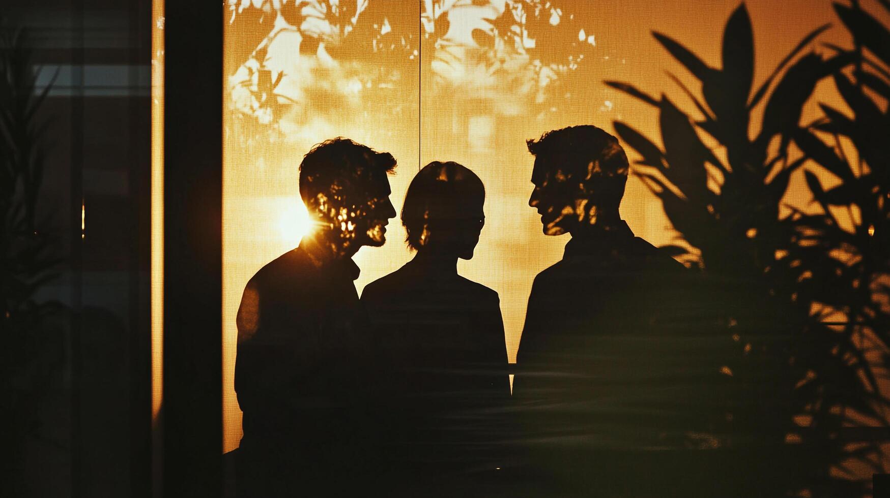Three people silhouetted against a bright, warm window, creating an atmosphere of mystery and professional connection. photo