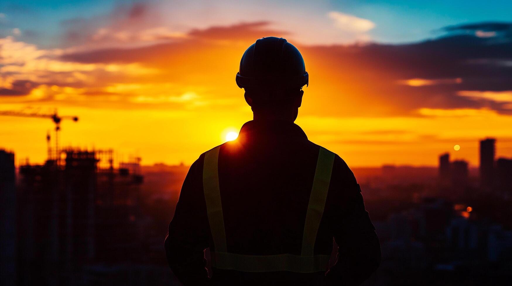 Silhouette of a worker in safety gear against a vibrant sunset over a cityscape, symbolizing labor and progress in urban development. photo