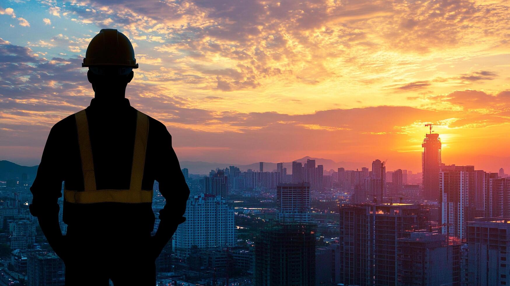 Construction worker observing a cityscape at sunset, with skyscrapers in the background. The sky has vivid colors. photo