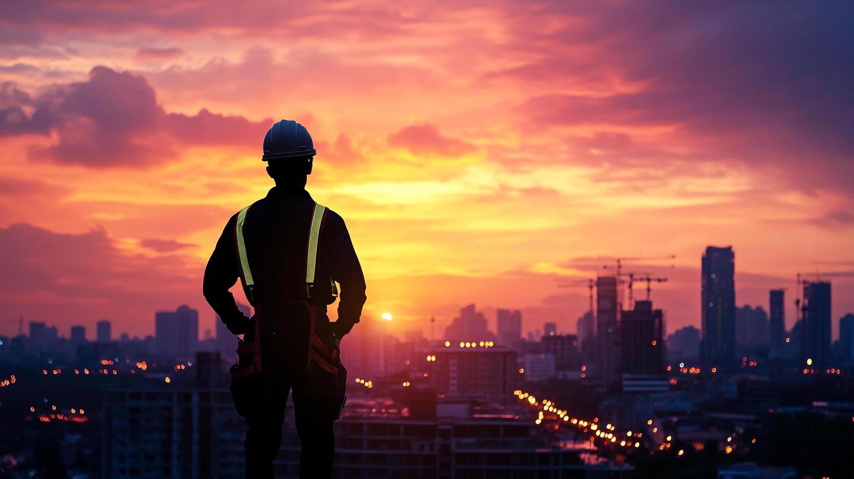 Cityscape silhouette. Construction worker oversees skyline at dusk. Inspiring urban development, safety, and progress. photo