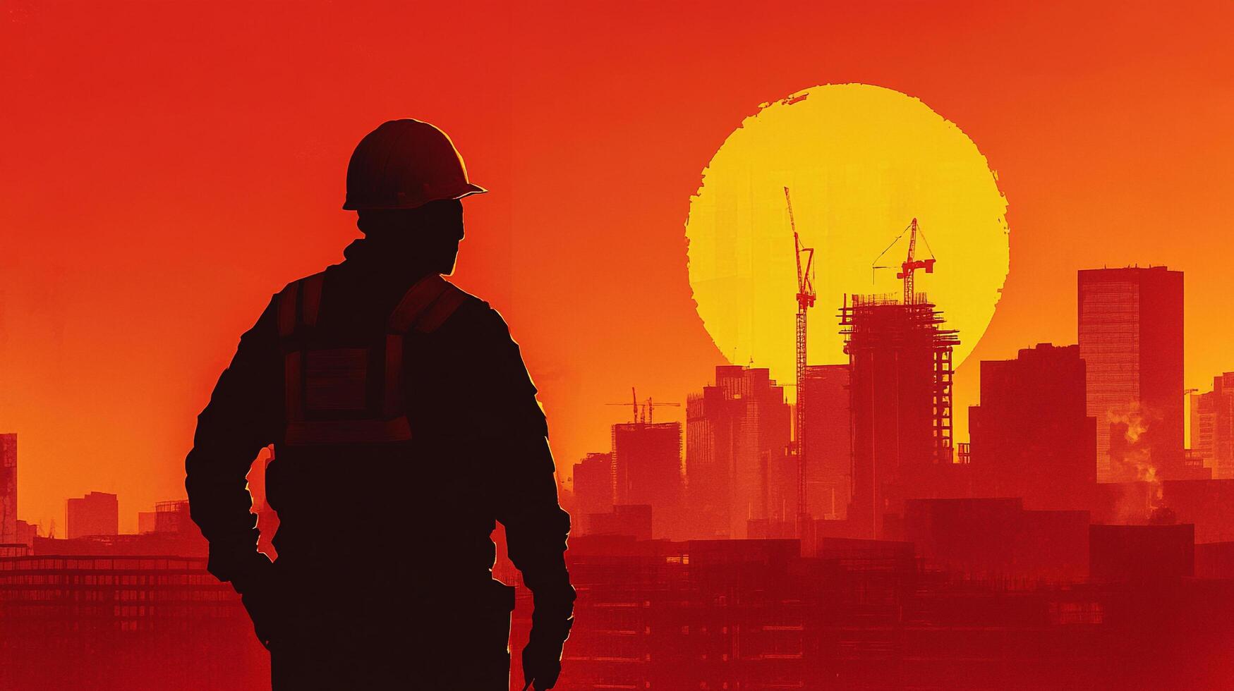 Silhouette of a construction worker in a hardhat against the backdrop of a sunset skyline, with buildings and cranes in view. photo
