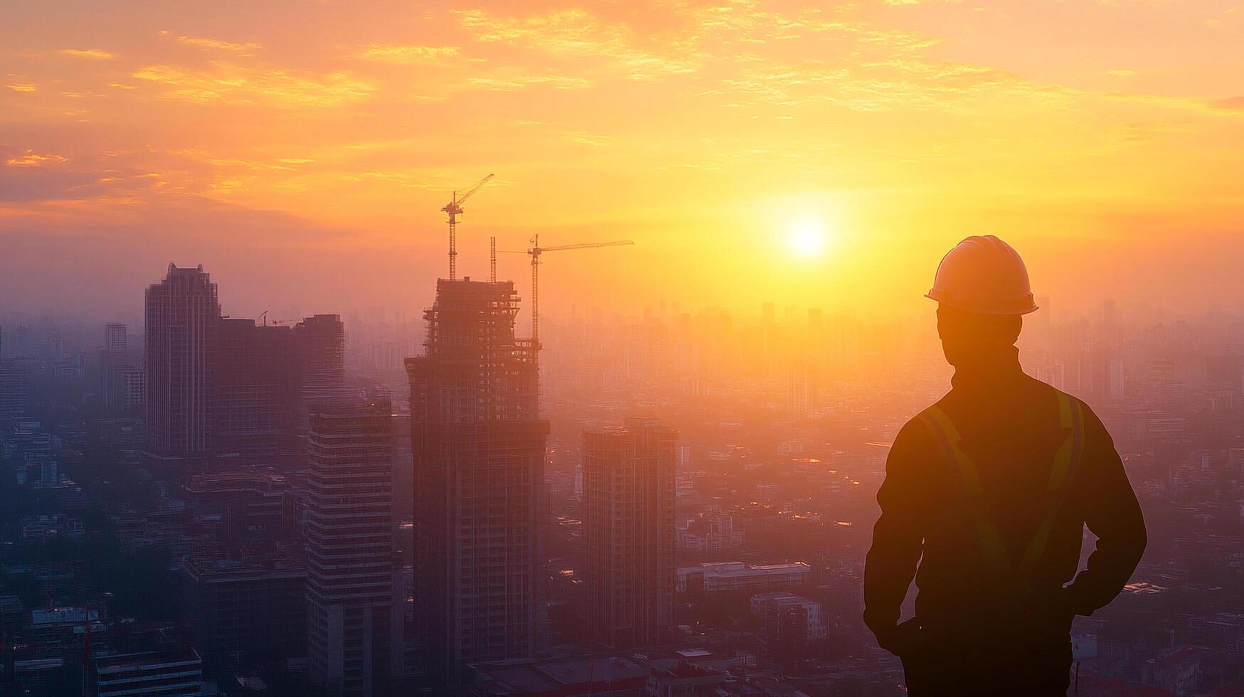 Silhouette of a construction worker observing the city skyline during a beautiful orange sunset, symbolizing progress and development. photo