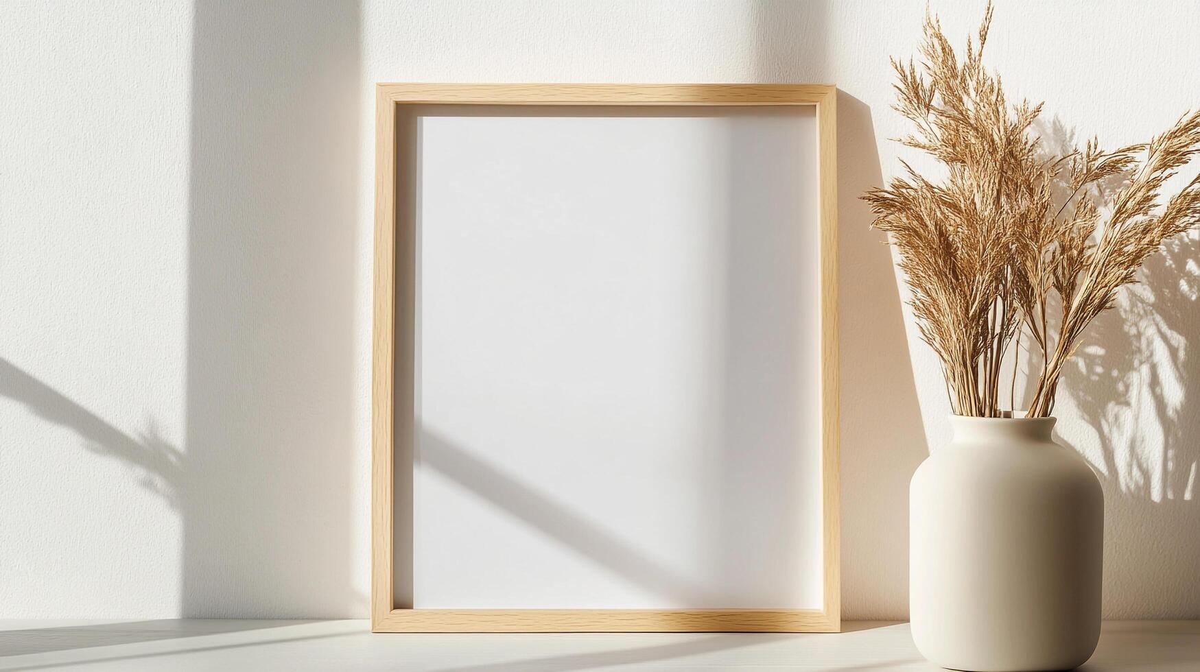 Elegant minimalist blank frame mockup, next to a vase with pampas grass, in a bright, sunlit room. Simple, serene, and sophisticated. photo