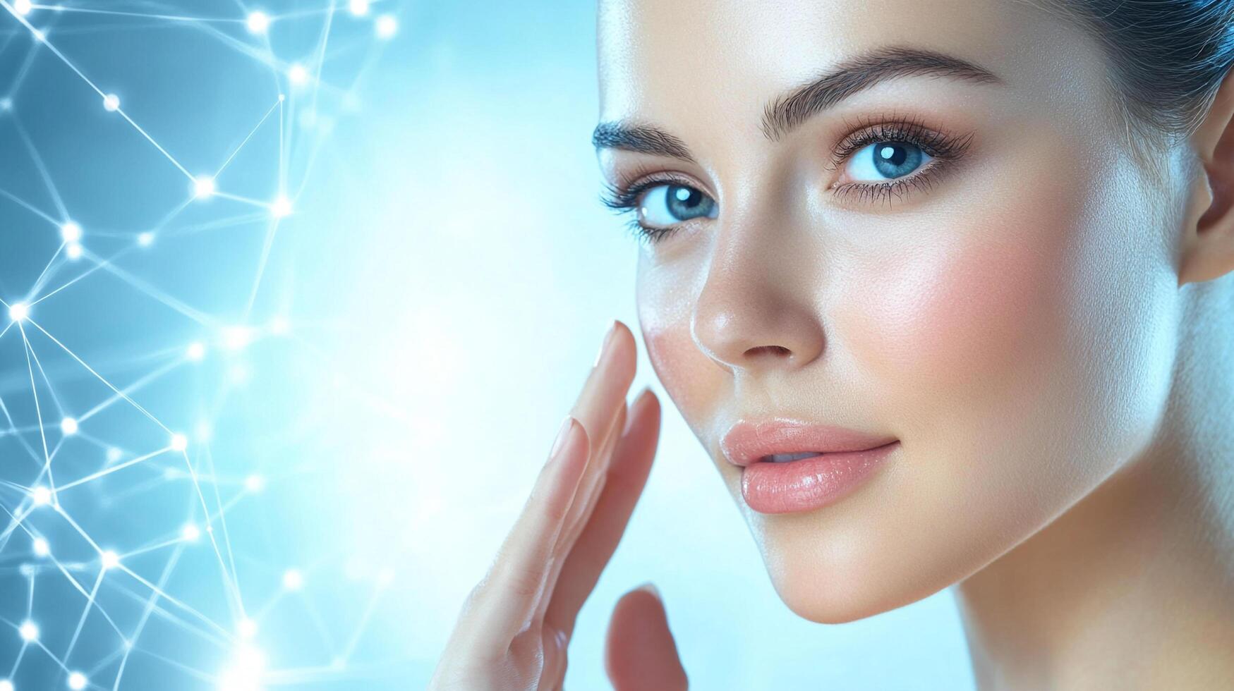 Radiant beauty highlighted by soft, blue-toned lighting and advanced technology, symbolizing innovation in skincare science. photo