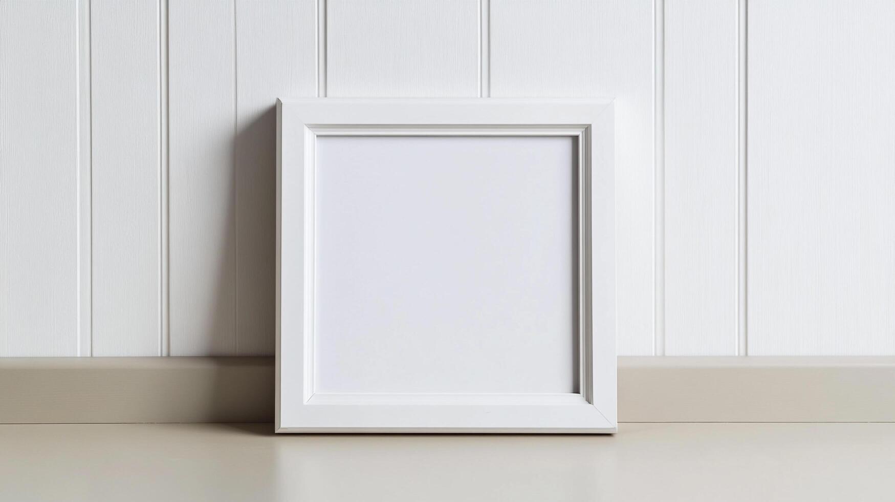 A minimalist white frame rests against a panelled wall. The clean lines and neutral tones create a simple and modern aesthetic. photo