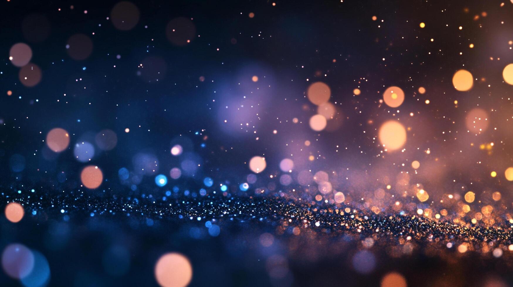 Ethereal lights shimmer on a deep blue backdrop, soft peach tones blend creating a dreamy abstract scene. Warm glow and sparkles. photo