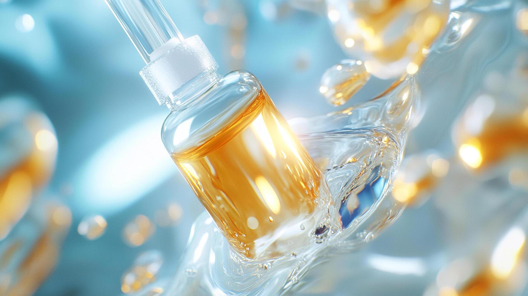 Golden serum in a glass bottle with a dropper, surrounded by water droplets on a light blue background, creating a sense of hydration. photo