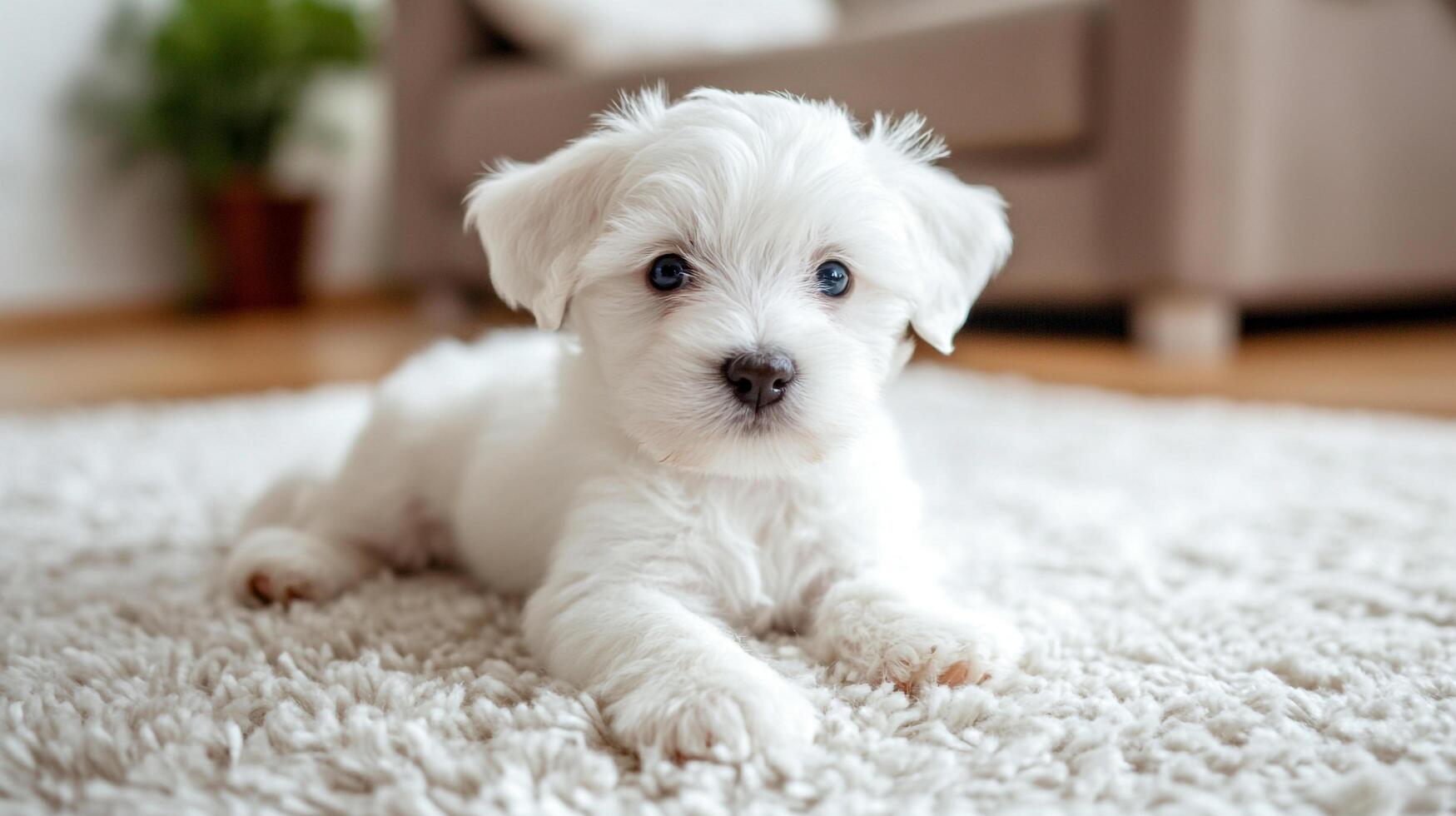 Fluffy white puppy with big, soulful eyes lies playfully on a soft, textured rug, bringing joy to any room. Its cuteness is captivating. photo