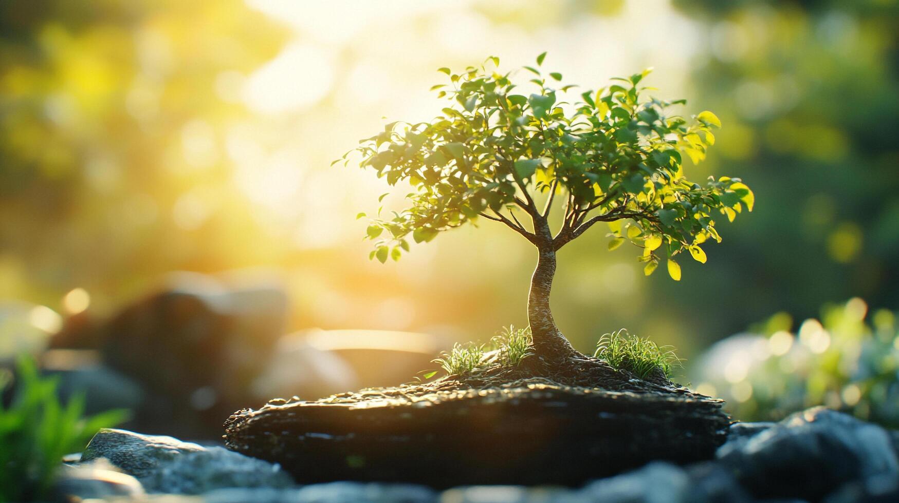 A small tree sits atop a rocky surface, illuminated by bright sunlight. This creates a peaceful scene with a sense of natural beauty. photo