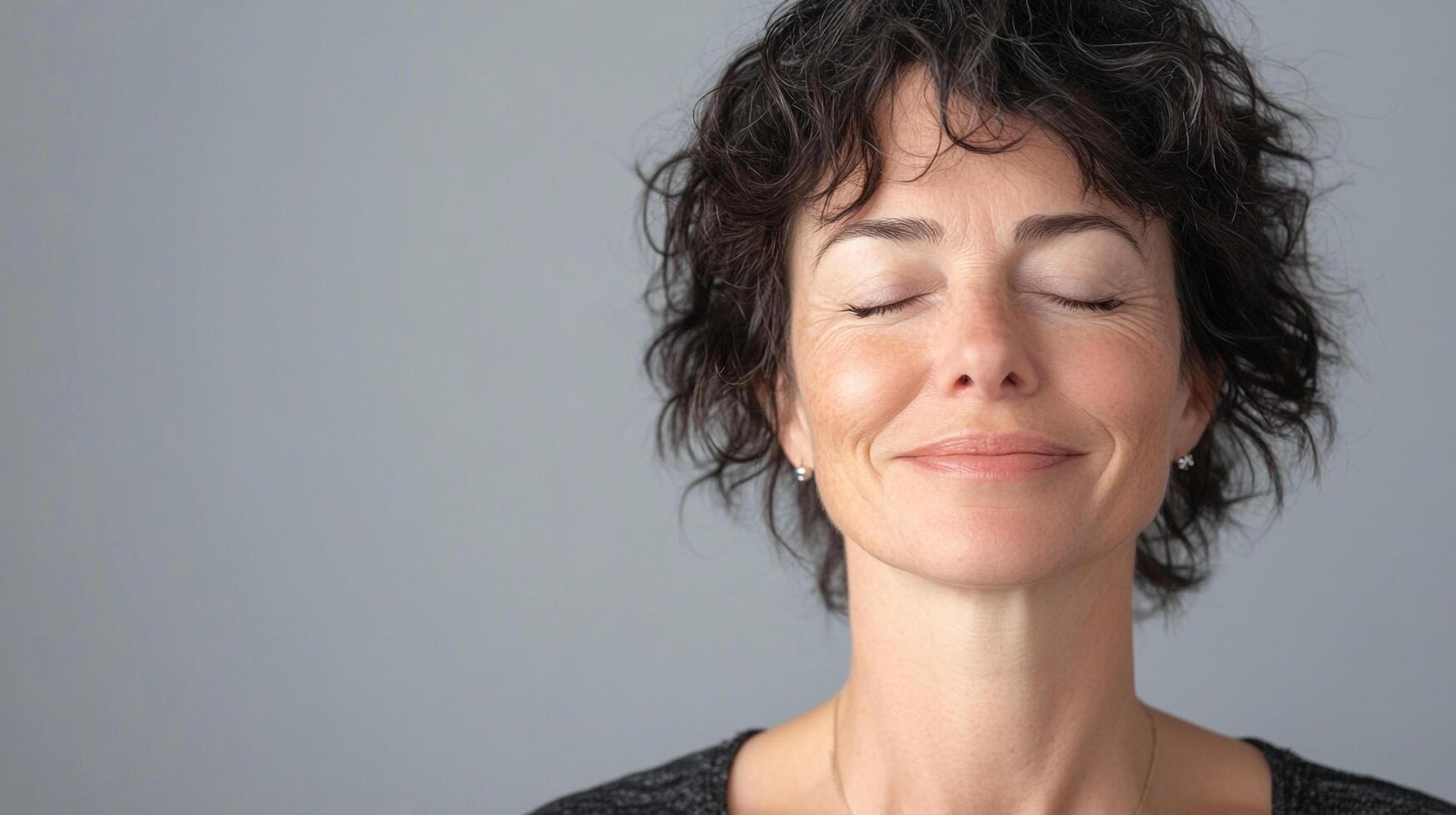 A serene woman with closed eyes and a gentle smile radiates tranquility against a soft gray backdrop. She's at peace with herself. photo
