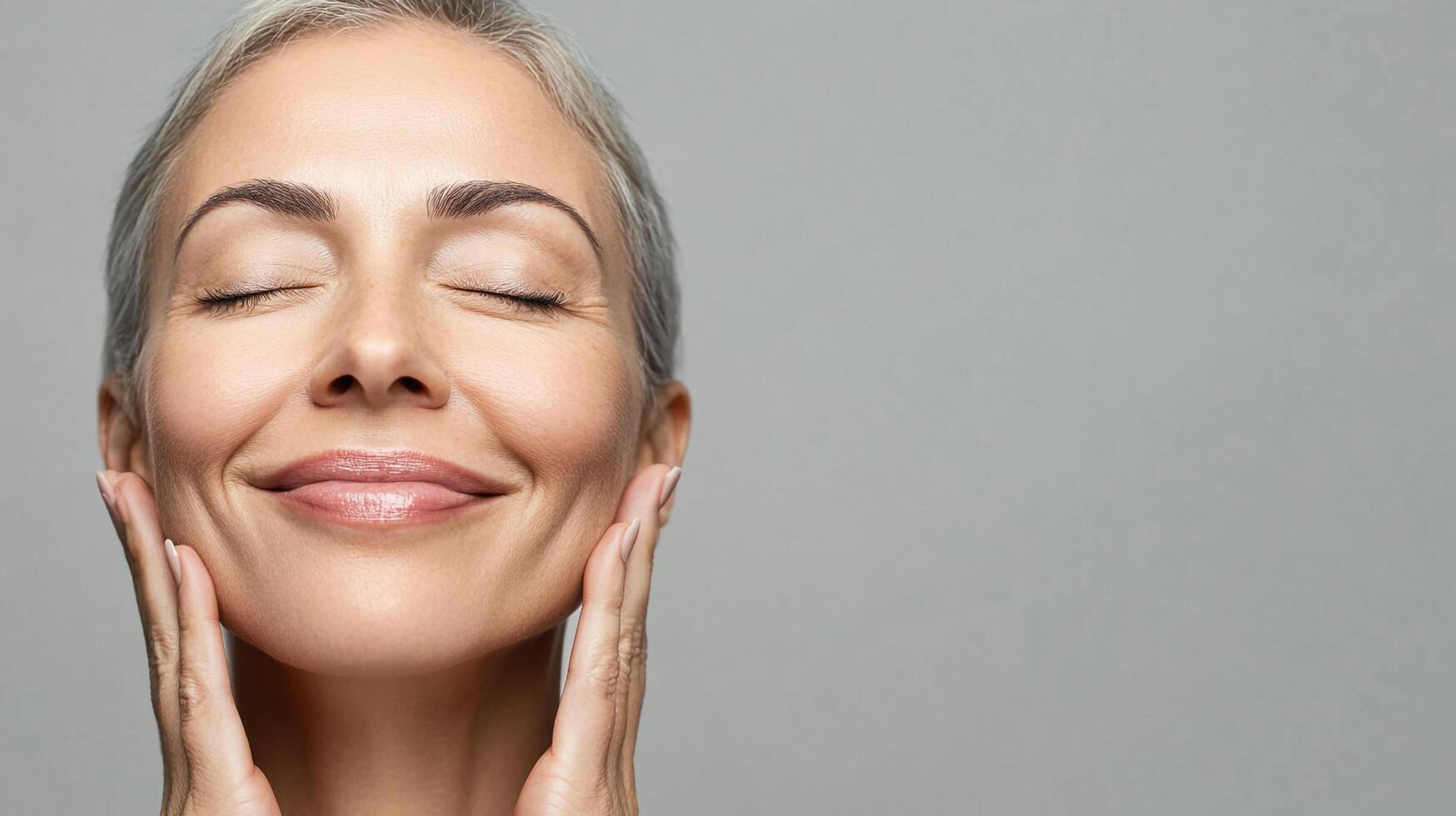 Woman with serene expression, silver hair, eyes closed, hands on face, in a studio setting. Gray background. Health and self-care concept. photo