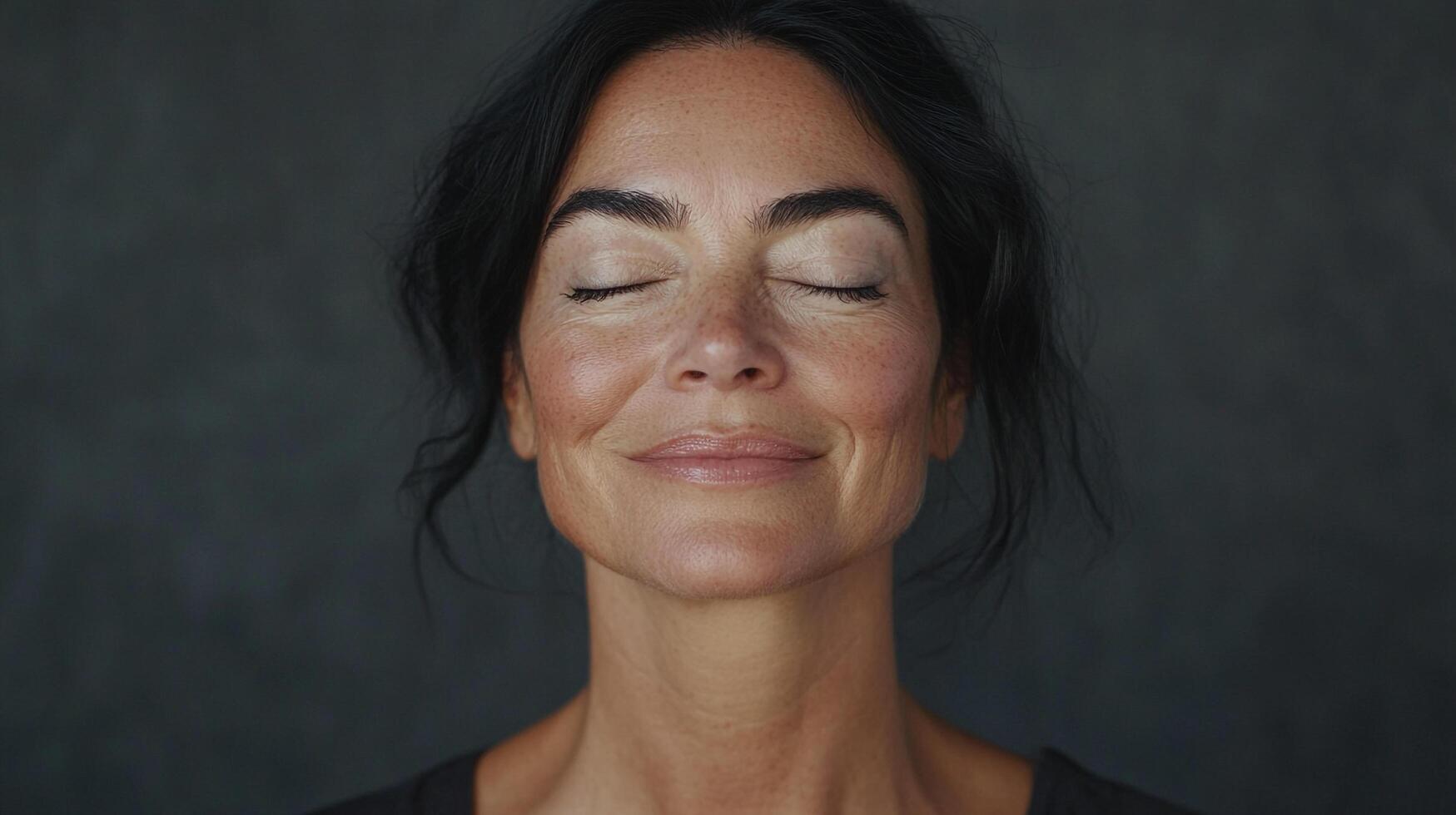 Relaxed woman portrait. Serene mature woman with eyes closed in contemplation against a dark background. Capturing quiet inner peace. photo