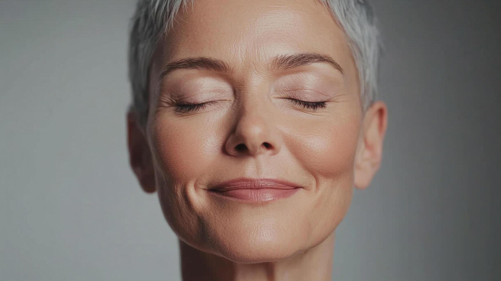 Close-up of serene woman with eyes closed, a peaceful expression, silver hair, and a calming demeanor against a neutral backdrop. photo