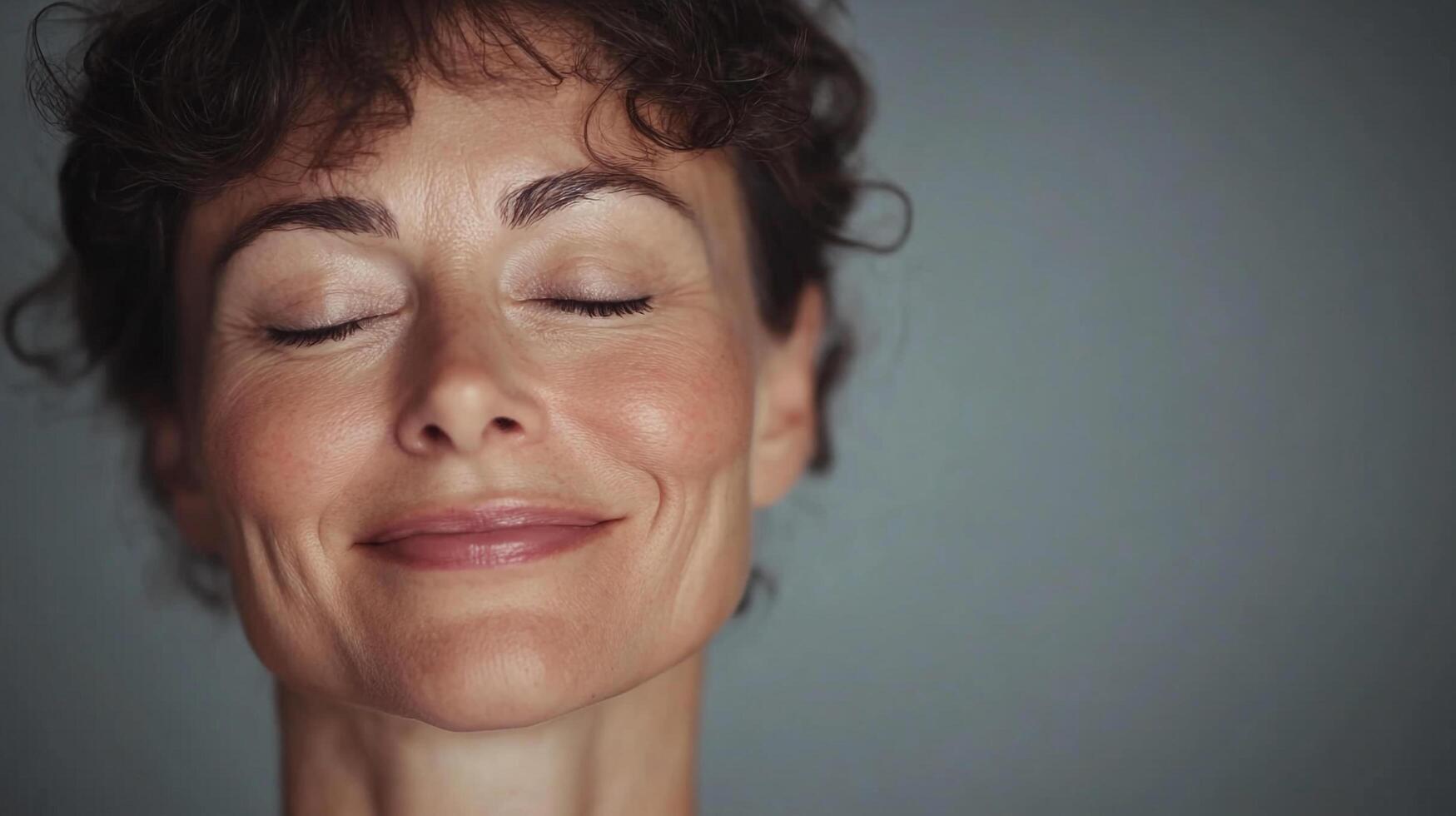 A serene woman with her eyes closed, peaceful expression, radiating tranquility and inner peace, promoting rest and rejuvenation. photo