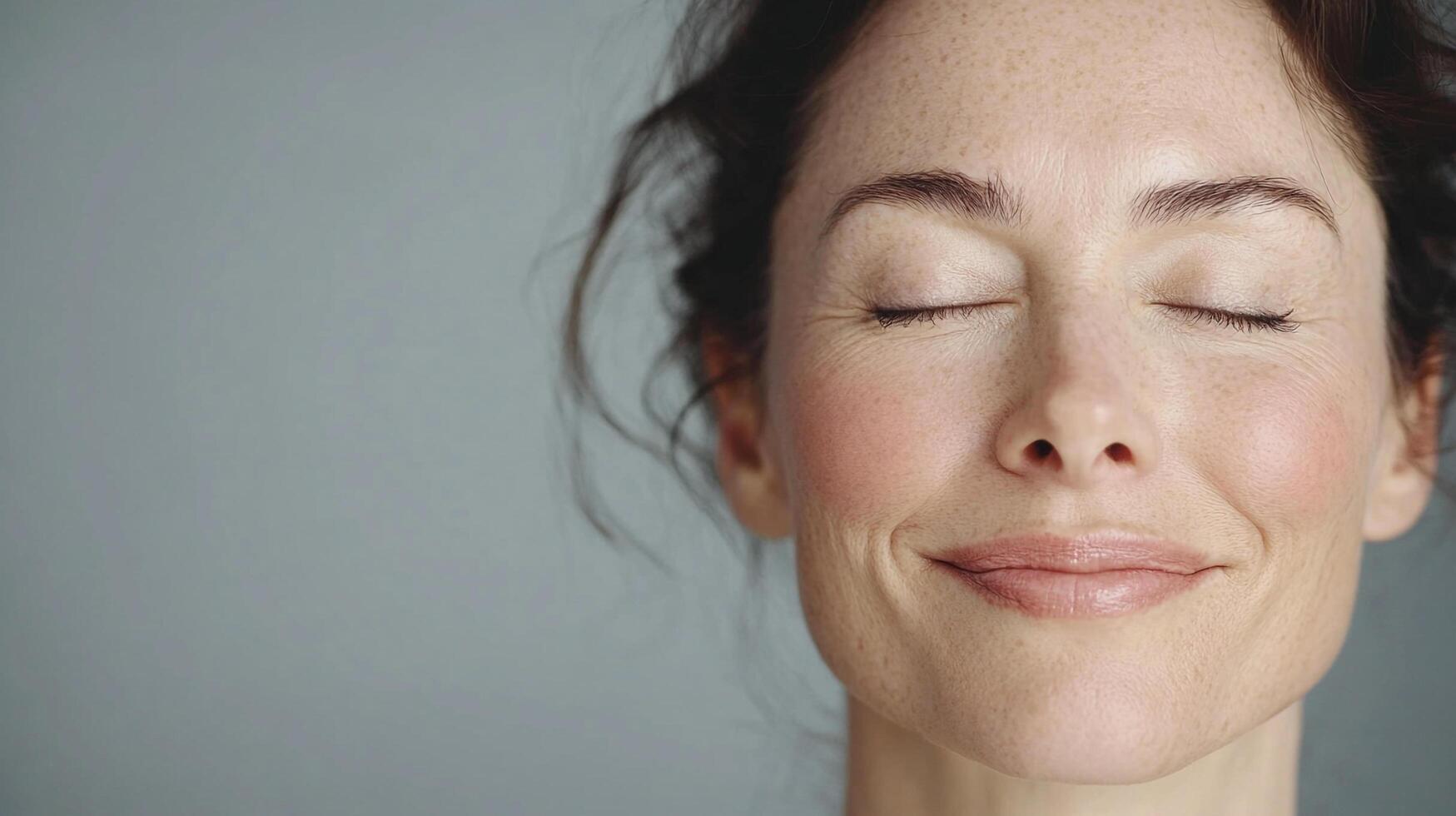 Close-up of a woman with closed eyes, soft smile, and natural complexion radiating peace and contentment against a serene backdrop. photo