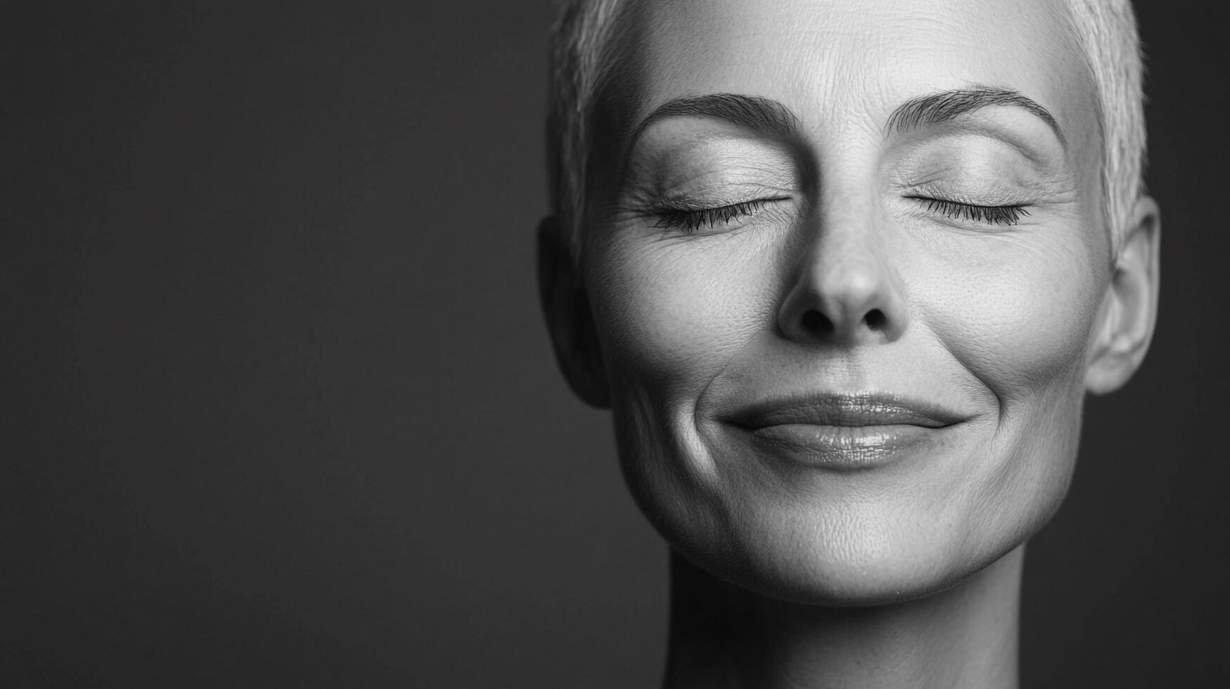 Serene grayscale portrait of a woman with a closed eye, smiling softly against a dark backdrop, radiating calmness and inner peace. photo