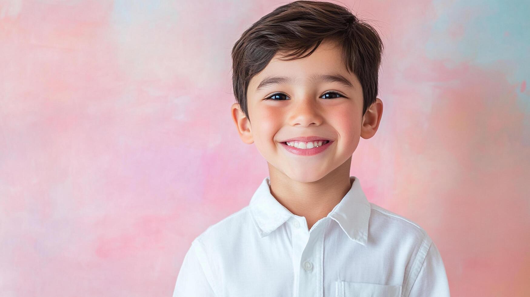 A heartwarming portrait of a joyful young boy, radiating happiness with a bright, genuine smile. The child is dressed in a crisp white shirt. photo